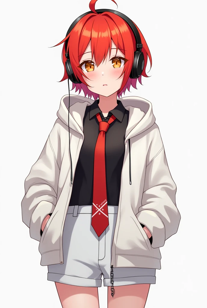 Female, Anime, Short red-haired, Orange eyes, Black headphones, Red necktie with small white stripes, Black undershirt, White hoodie, White shorts, White shoes