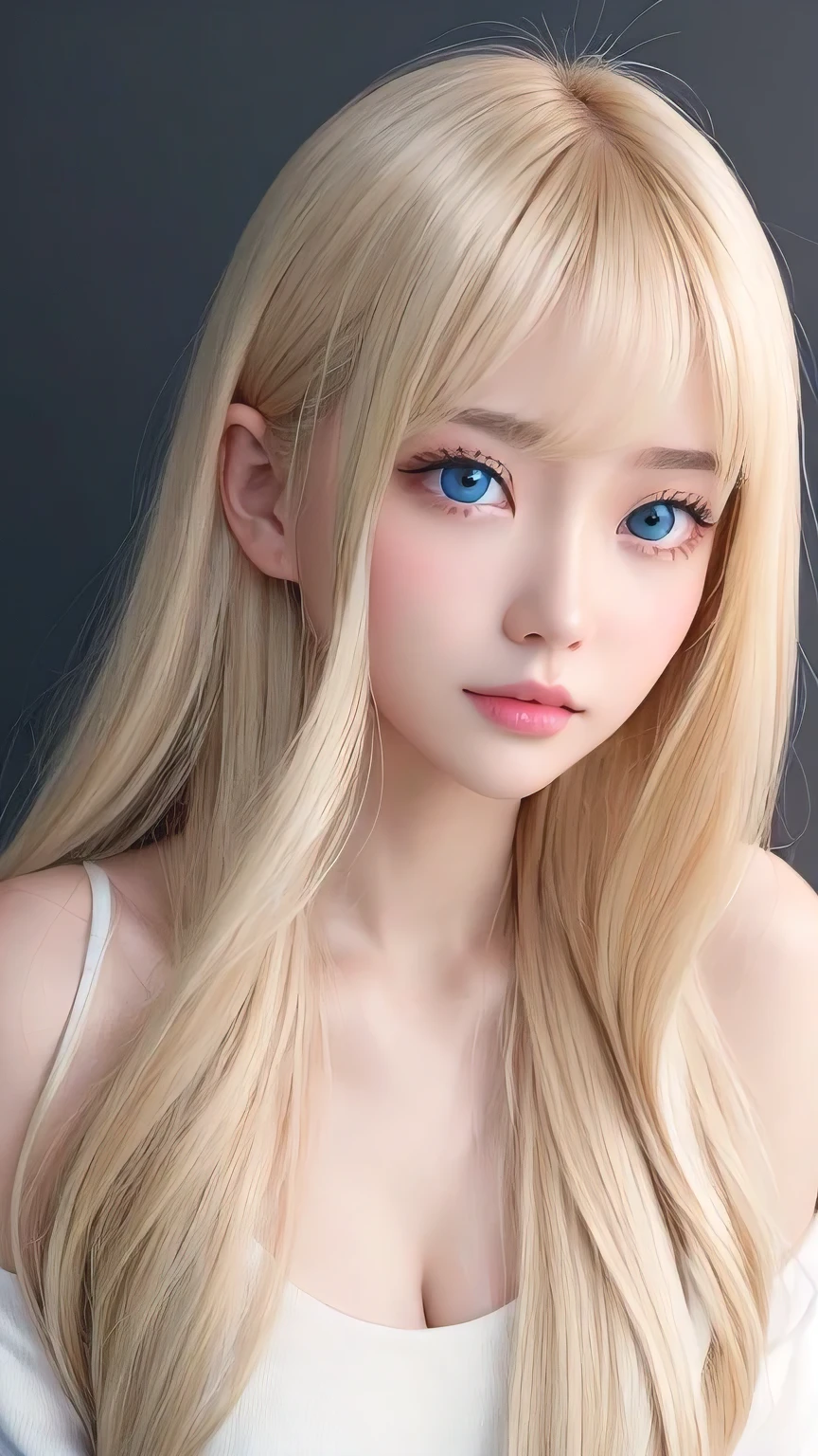 Crystal clear and shiny skin、15 year old cute beautiful face、Very large, beautiful, bright, pale sky blue eyes、Very big eyes、Super long straight hair that shines in the light、Long, silky bangs that cover her cute eyes、Hair that hides sexy features、too long bangs、Sexy and cute young beauty、Super long natural young blonde hair with sparkling highlights、Blonde hair above the eyes、片Blonde hair above the eyes、Blonde hair between the eyes、Cheek gloss highlighter