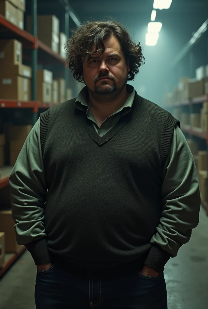 chubby man, curly hair, sweater vest, unkempt, shady, suspicious, warehouse, clean-shaven, detailed facial features, high quality, 8k, photorealistic, dramatic lighting, moody atmosphere, gritty urban setting, cinematic composition, masterpiece