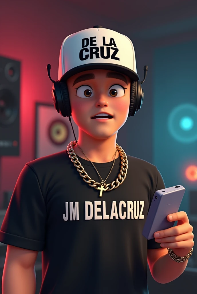 A young animated man with a white cap and black letters that says de la cruz In a recording studio And a black t-shirt with letters that say JM DELACRUZ And a chain with a 3d cross And with an honor cell phone in his hand 

