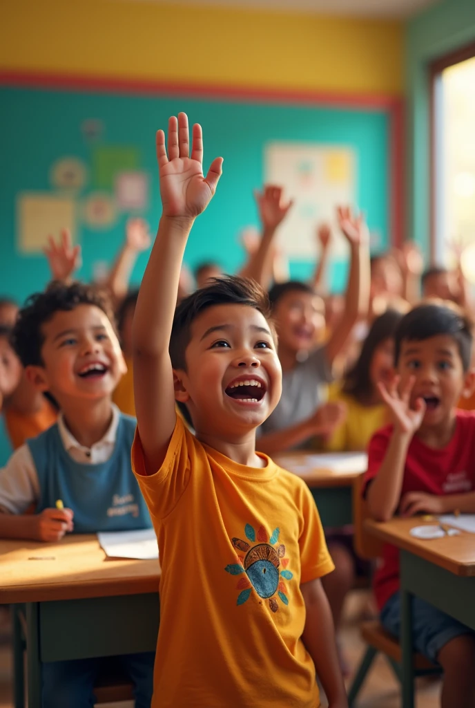 Colombian raising their hands in a classroom。Aspect Ratio 9:16。