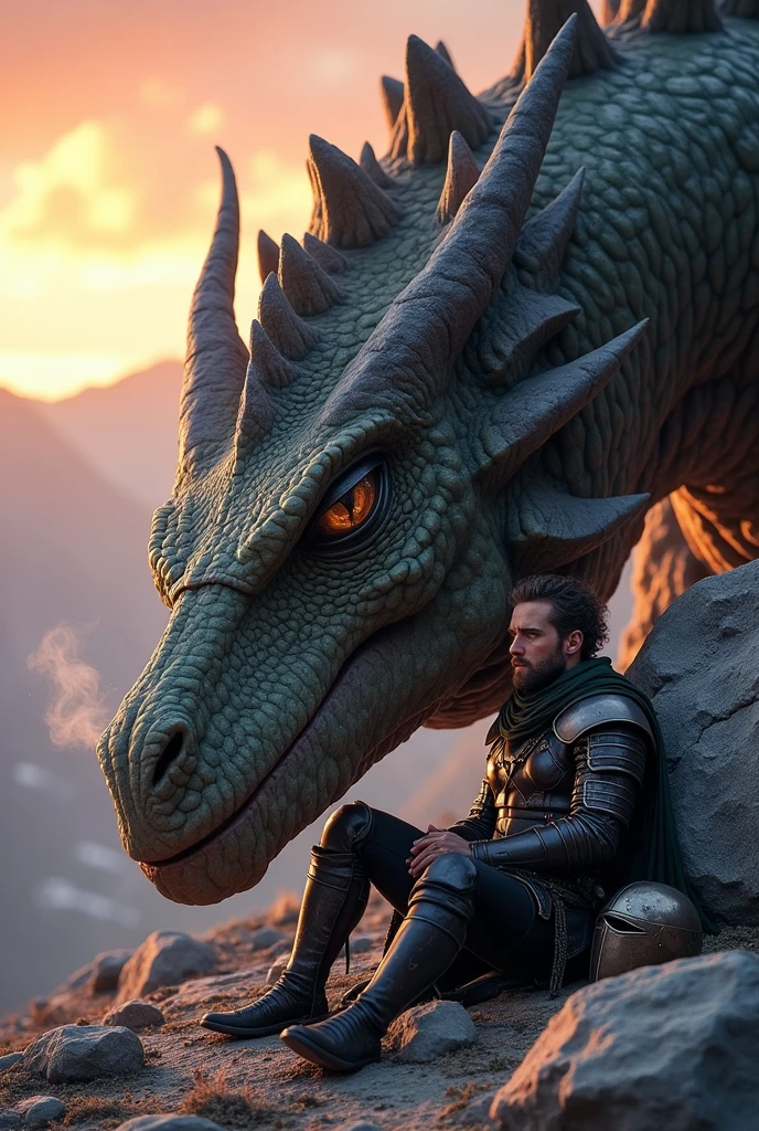 Create an image of a battle-weary dragon rider resting beside the enormous head of their dragon after a fierce battle. The rider, clad in intricately detailed and battered armor, sits on the ground, leaning against a large boulder with their helmet placed beside them. Their face shows signs of exhaustion—smudges of dirt and streaks of blood, but also a sense of calm and relief.
The dragon's head, nearly as large as the rider's entire body, rests gently on the ground next to them. Its scales, a deep, iridescent shade that shifts subtly in the fading light, are marked by scars and fresh wounds from the recent battle. The dragon’s massive eyes, half-closed in exhaustion, reflect a soft, warm light, showing both the creature's immense power and its deep bond with the rider. Smoke lazily drifts from its nostrils, and its breath is slow and heavy, indicating its state of rest.
Only the dragon's colossal head is visible in the scene, the rest of its enormous body extending out of the frame, emphasizing its vast size. The background features a rugged, mountainous landscape, with the remnants of a battle faintly visible in the distance—scattered armor, broken weapons, and scorched earth. The sky above is painted with the soft hues of sunset—deep oranges, purples, and pinks—casting a serene glow over the scene.
Despite the signs of recent conflict, the atmosphere is one of peace and mutual trust. The rider and dragon share a moment of quiet recovery, with the dragon's head resting protectively near its companion, highlighting their unbreakable bond in the aftermath of battle."