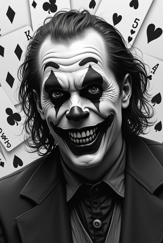 Realistic black and gray drawing of a clown, killer, joker, with playing cards in the background, black and gray realism, chicano style, hyper realistic, full image, white background, no pencil, jpeg artifacts, 4k, anatomically correct, accurate, textured skin, super detail, high detail, award winning, best quality, high quality, 1080P, retina, HD, 16k