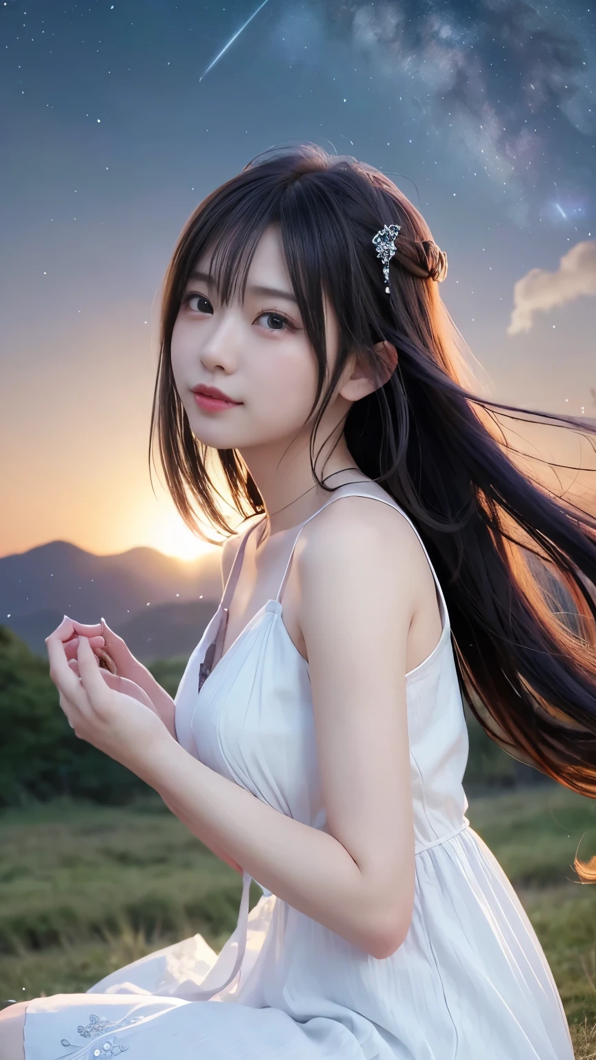 (logo、masterpiece、8k、Tabletop、RAW Photos、wonderful、最high quality、フォトリアルでVery detailedなCG合成8k壁紙、high quality、Very detailed、Narrative poem、Particle Effects、Dynamic Effects、Depth of the Boundary)What is written is、Cinematic Light、Lens flare、Ray Tracing）、Fantasy、（Purple Dress）、（night、night空、Starry Sky、full moon）、（Girl looking up at the sky）、sit、cute、Japanese style、 (smile)、Long Hair、Strong winds、(Hair blowing in the wind)、(White Dress)、Natural light、moonlight、(Horizontal photography)、(chest emphasis)、(Low position)、(Low - Angle)