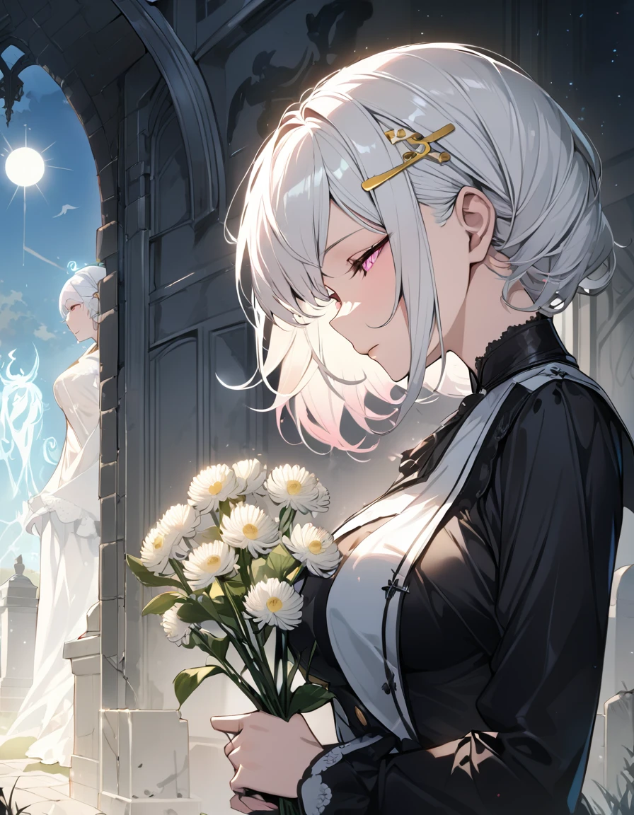 (masterpiece)、(absurdres)、(ultra detailed)、(8k)、solo girl、 (shiny white hair)、shortcut hair、(shiny pink eyes)、(middle breast:0.8),BREAK、(yellow hairpin)、BREAK、Mourning clothes、half-closed eyes,Cemetery、closed mouth,spirit、happy,sun lighting,side view,Holding a white chrysanthemum flower、