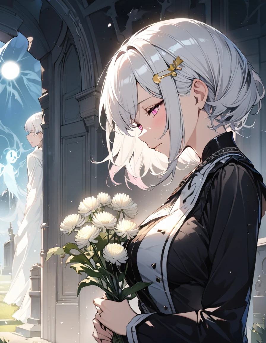 (masterpiece)、(absurdres)、(ultra detailed)、(8k)、solo girl、 (shiny white hair)、shortcut hair、(shiny pink eyes)、(middle breast:0.8),BREAK、(yellow hairpin)、BREAK、Mourning clothes、half-closed eyes,Cemetery、closed mouth,spirit、happy,sun lighting,side view,Holding a white chrysanthemum flower、