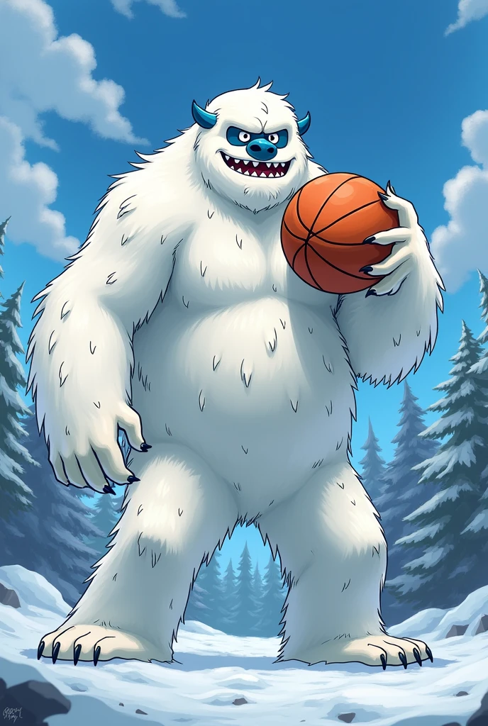 
abominable snowman, yeti, basket ball, fierce, anime cartoon
