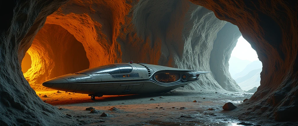 futuristic spaceship parked in cave , Interstellar. 8k, alien, gold on the wall