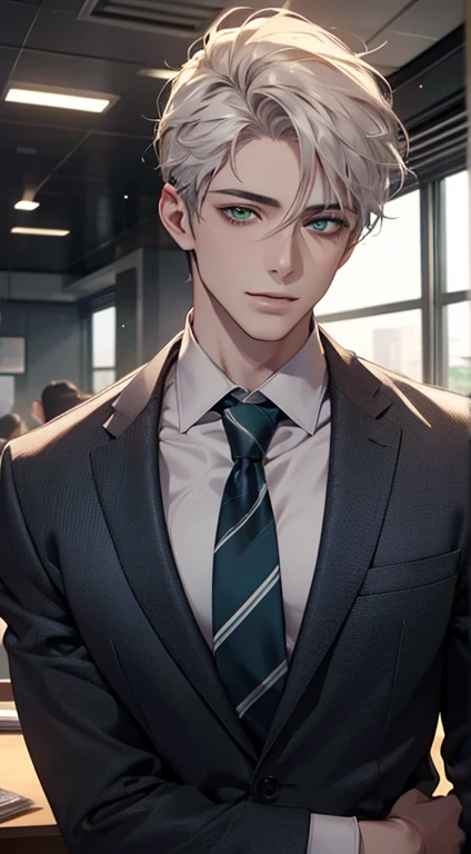 (Highest quality,4K,8K,High resolution,masterpiece:1.2),Super detailed,(Realistic,photoRealistic,photo-Realistic:1.37),1 person,34 years old,Mature Men,Beautiful skin、very handsome,Expressionless smile in love,Short white hair,green eyes,Sharp Eyes,A perfect face without a doubt,Businessman, CEO, Office Background,Cinema Lighting,HDR image,tie、