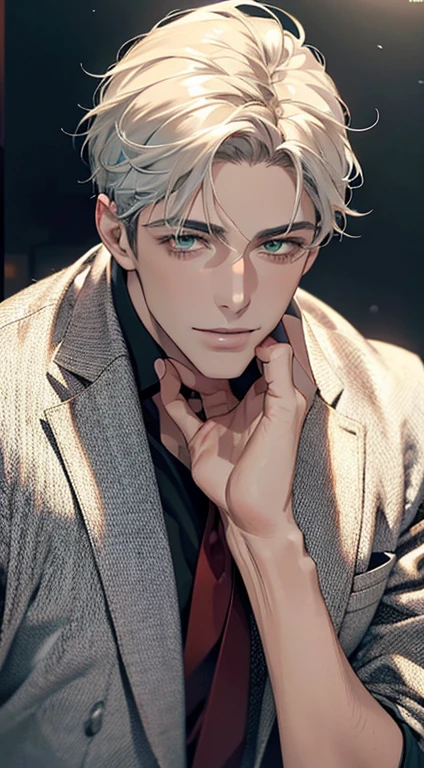 (Highest quality,4K,8K,High resolution,masterpiece:1.2),Super detailed,(Realistic,photoRealistic,photo-Realistic:1.37),1 person,34 years old,Mature Men,Beautiful skin、very handsome,Expressionless smile in love,Short white hair,green eyes,Sharp Eyes,A perfect face without a doubt,Businessman, CEO, Office Background,Cinema Lighting,HDR image,tie、