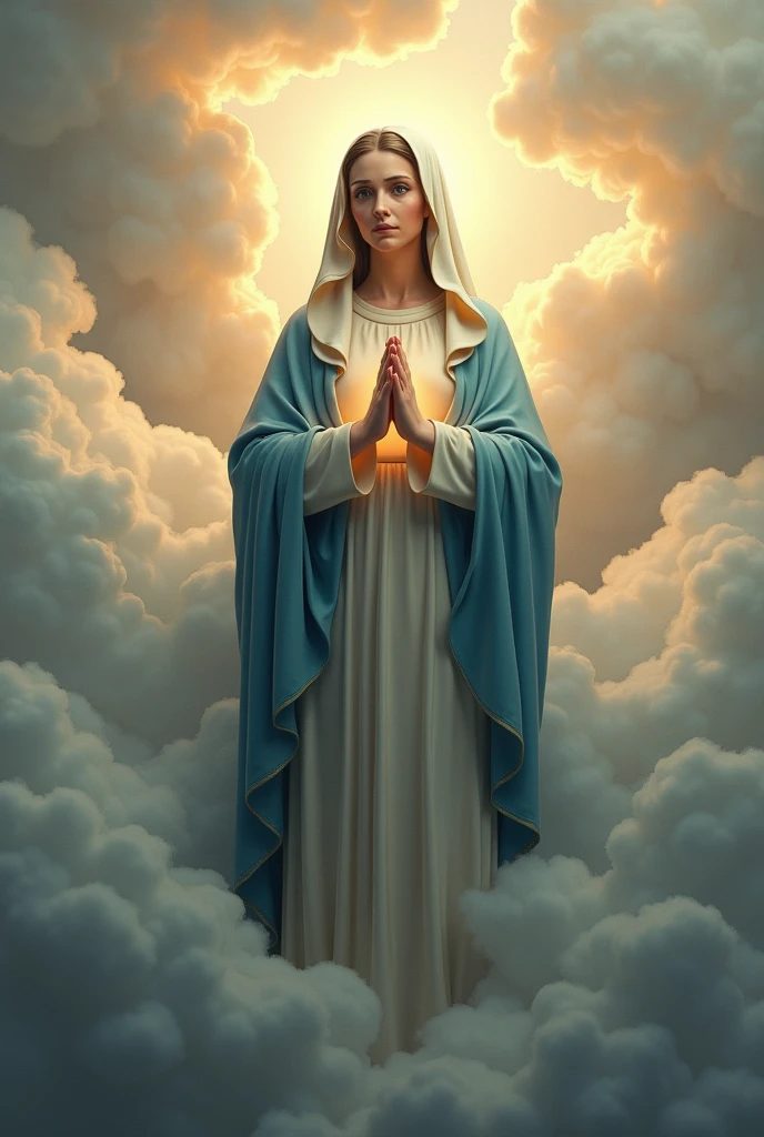 (photorealism:1.2), beautiful virgin Mary with tears in her eyes while praying in the clouds, wearing blue queen clothes with  light in his head and heart spreading all over in the clouds, perfect virgin Mary, real virgin Mary, perfect five hands, perfect tears face, elegant, soft lighting, many clouds, stand straight, realistic, intricate details, warm colors,