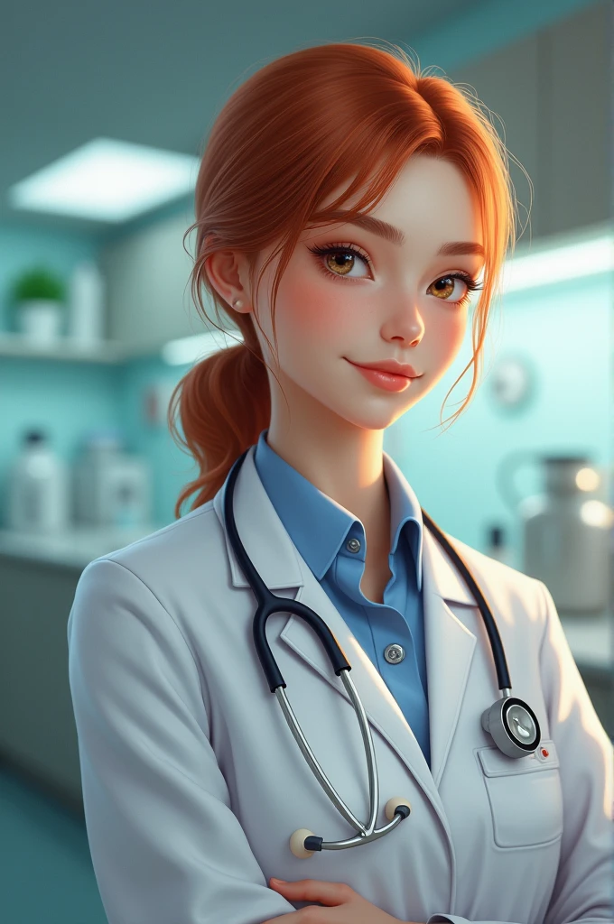 A beautiful 21 year old woman she is a veterinarian. She has red hair, hazel eyes and a slender body.
