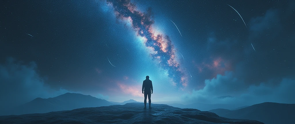 A man standing alone in a liminal space, starry skies above, shooting stars in the distance, (best quality,4k,8k,highres,masterpiece:1.2),ultra-detailed,(realistic,photorealistic,photo-realistic:1.37),dramatic lighting,cinematic composition,moody atmosphere,vibrant colors,intricate details,melancholic mood,surreal landscape