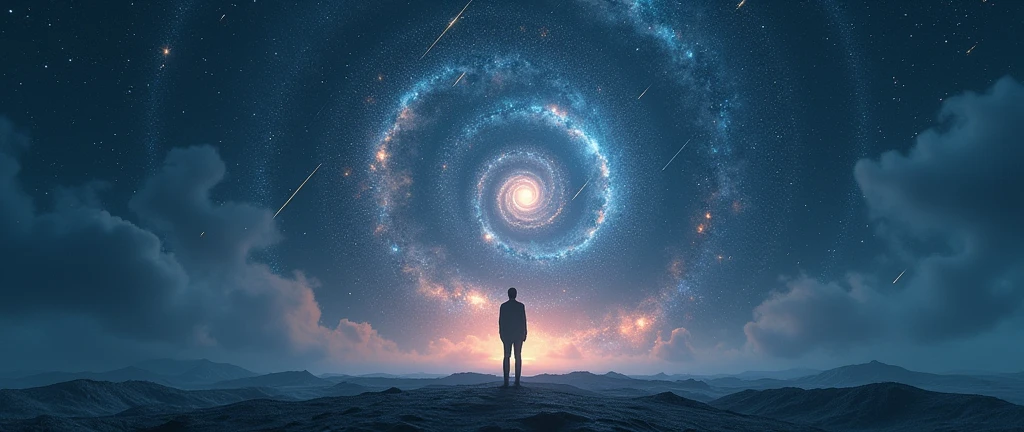 A man standing alone in a liminal space, starry skies above, shooting stars in the distance, (best quality,4k,8k,highres,masterpiece:1.2),ultra-detailed,(realistic,photorealistic,photo-realistic:1.37),dramatic lighting,cinematic composition,moody atmosphere,vibrant colors,intricate details,melancholic mood,surreal landscape