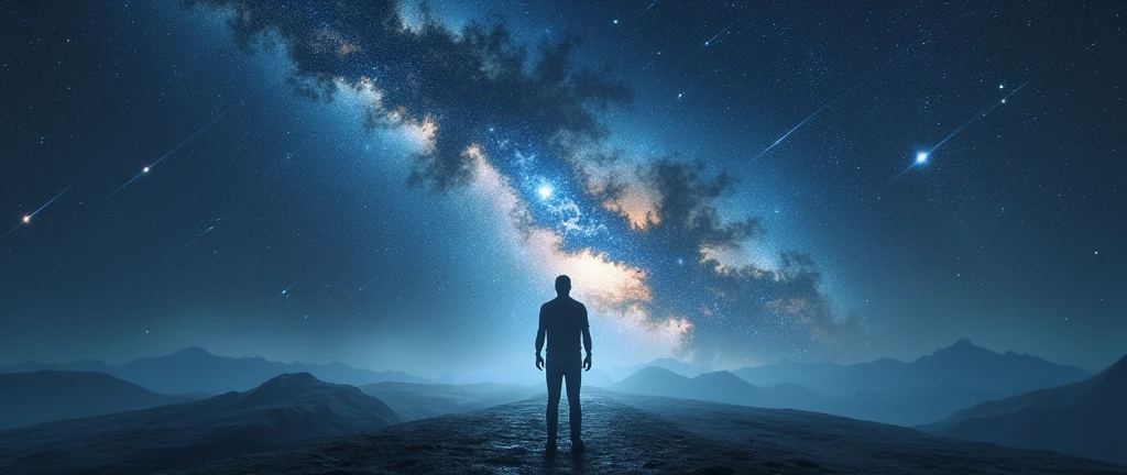 A man standing alone in a liminal space, starry skies above, shooting stars in the distance, (best quality,4k,8k,highres,masterpiece:1.2),ultra-detailed,(realistic,photorealistic,photo-realistic:1.37),dramatic lighting,cinematic composition,moody atmosphere,vibrant colors,intricate details,melancholic mood,surreal landscape