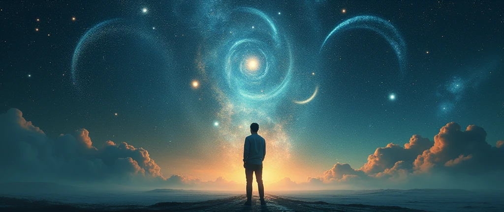A man standing alone in a liminal space, starry skies above, shooting stars in the distance, (best quality,4k,8k,highres,masterpiece:1.2),ultra-detailed,(realistic,photorealistic,photo-realistic:1.37),dramatic lighting,cinematic composition,moody atmosphere,vibrant colors,intricate details,melancholic mood,surreal landscape