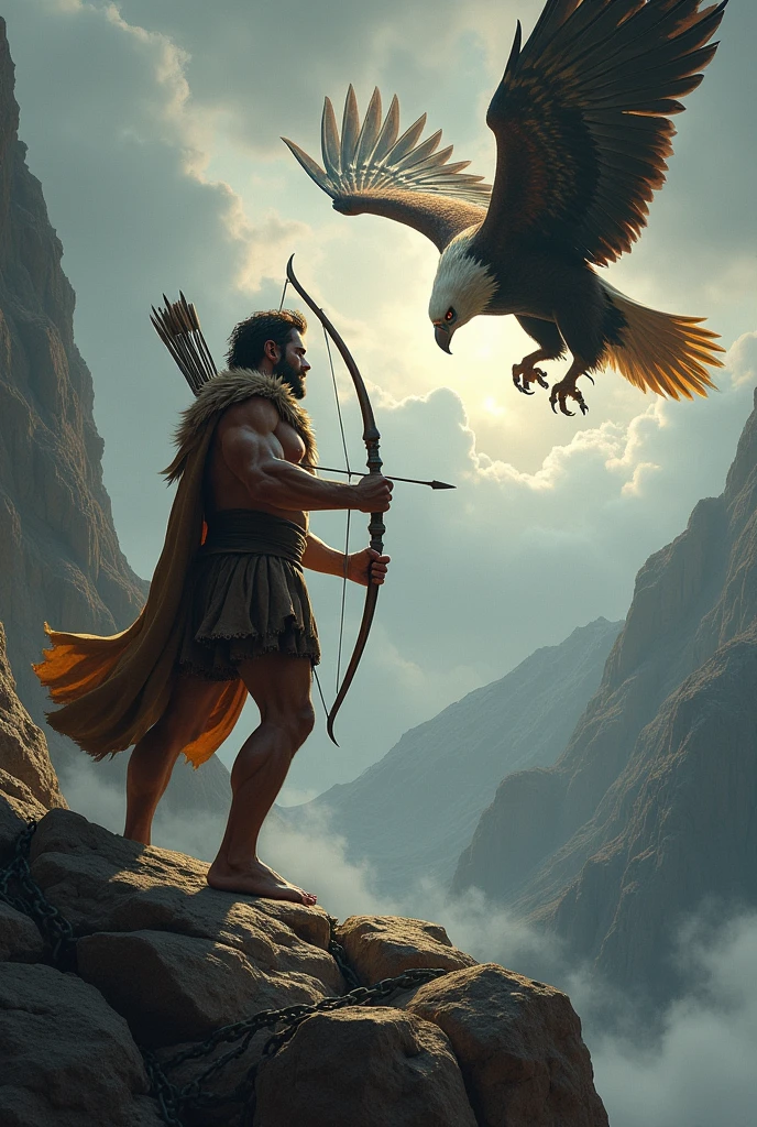 Heracles (Hercules) appears and kills the eagle with his bow and arrows and Prometheus watches from the rock.