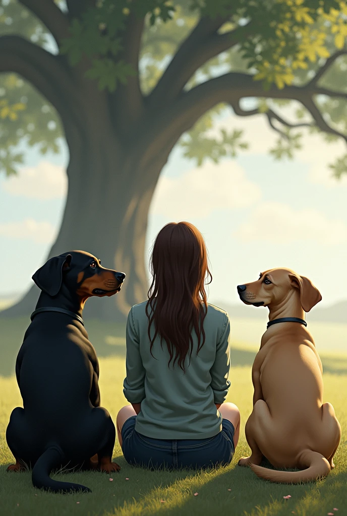 A woman and two female Rottweilers and a female Labrador retriever sitting with their backs to each other under the tree in the distance