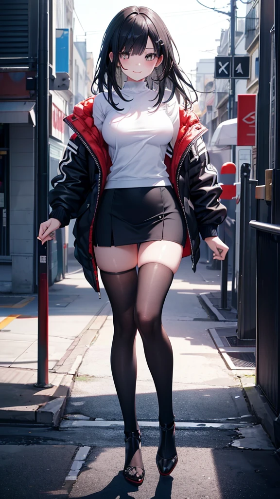 Serious teenage girl, Messy black hair, White eyes, Scar on one eye, Sunburned skin, Stylish black and white outfit, Attractive body, Dark and cold look, Detailed portrait, 8k, photograph (Highest quality) . ,4K,8k,High resolution,masterpiece:1.2),Very detailed,(Realistic,photoRealistic,photoRealistic:1.37),Vibrant colors,Sharp focus,Physically Based Rendering,Very detailedな,Professional tongue out, whole body,Thin legs,Beautiful feet,blush, smile, Tight fitting clothes that emphasize the bust,Small breasts,Ultra mini skirt,