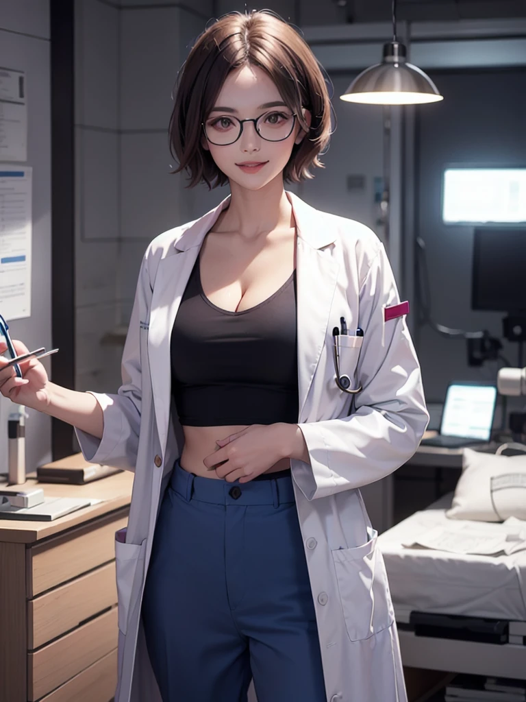 tomboy, solo, (very short hair, pixie cut, brown hair), circle-glasses, cute girl, perfect female body, big breasts, cleavage, toned stomach, beautiful limbs, doctor_uniform, labcoat, stethoscope, doctor,scrub top,scrub trousers, She is posing as a model with her hands on her hips, hospital, night, big smile, UHD, masterpiece, anatomically correct, textured skin, high details, high quality,