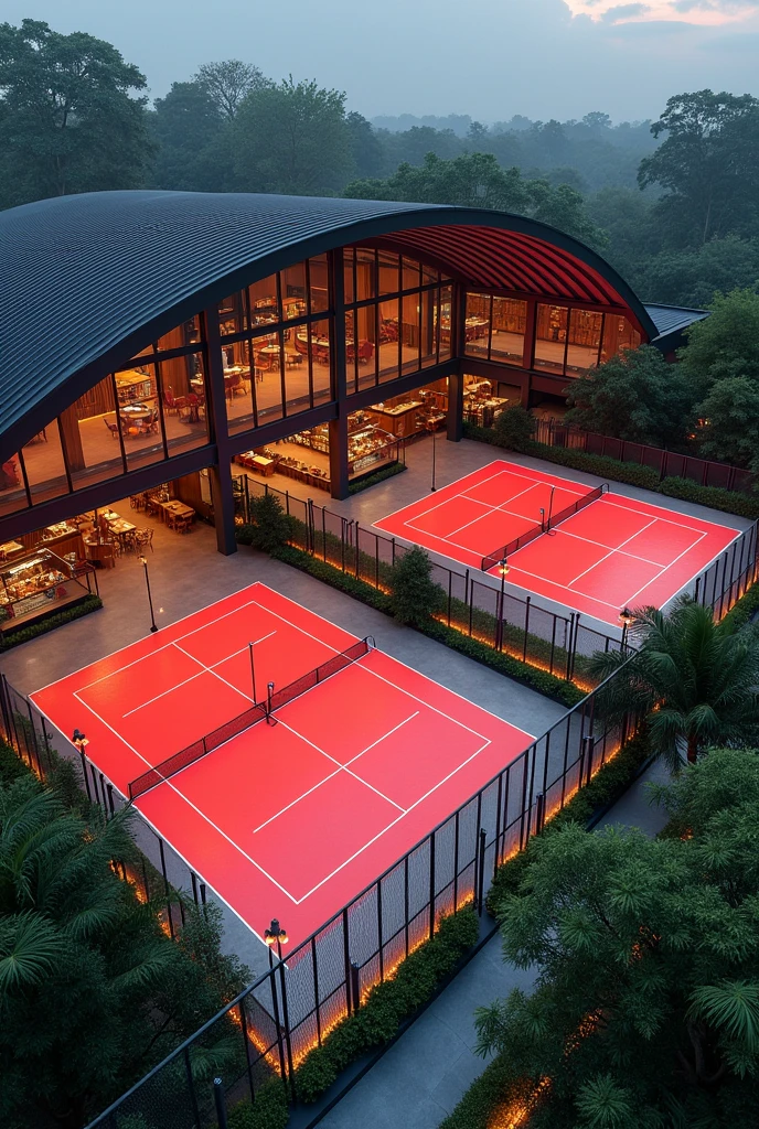 Two black-floor paddle courts and red walkways, one after the other, divided by glass walls and black metal mesh, on the right side of the courts, in a separate module from the ones on the feet, like 4 meters away, There is a food court with 8 stalls on the sides of the corridor, 4 on one side and 4 on the other and in the middle, stuck together side by side, single storey, They are separated by a corridor that runs from the entrance to the field and ends at the courts., The premises are made of wood with warm LED lights on the walls and ceiling., with jungle-style landscaping outside the premises, common areas, walls and ceilings of premises, and that the roof of the premises are joined together to make a common terrace that can be used to place a DJ and hold parties there, The premises' land is 20 meters by 15,5 meters, and each room is 4 meters by 4 meters.