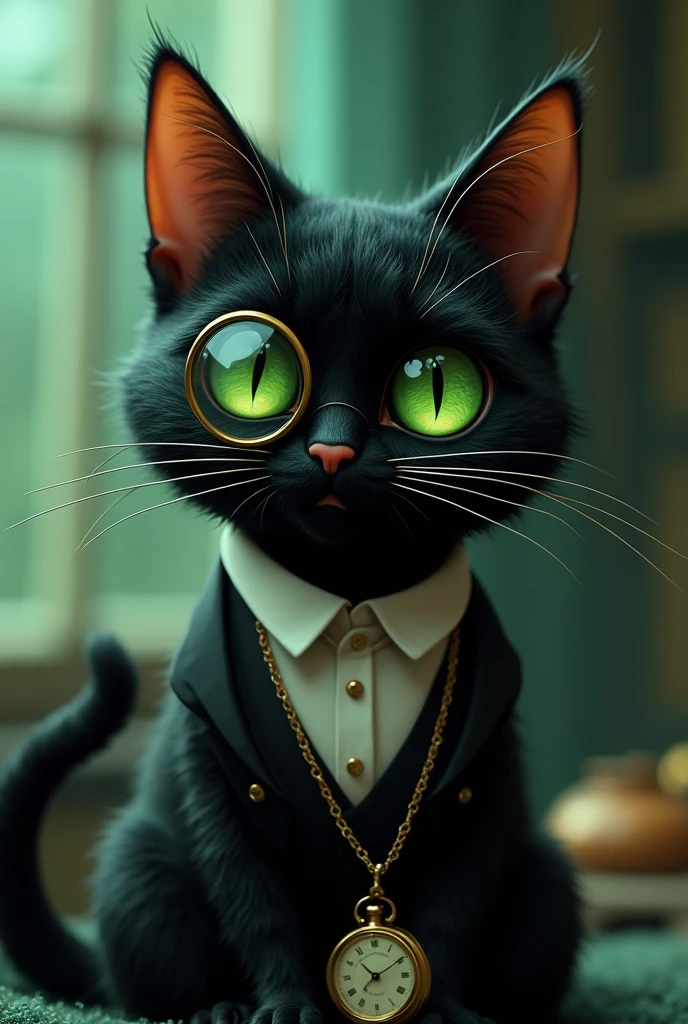 Black cat with green eyes, black hair with green fade, wearing a monocle on the left eye, wearing a classic shirt with a black waistcoast and an old pocket watch with gold pocket chain, furry, furry art, ghibli studio style, studio ghibli style, hayao miyazaki style, ghibli studio