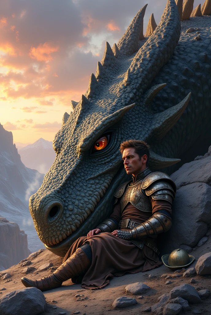 Create an image of a battle-weary dragon rider resting beside the enormous head of their dragon after a fierce battle. The rider, clad in intricately detailed and battered armor, sits on the ground, leaning against a large boulder with their helmet placed beside them. Their face shows signs of exhaustion—smudges of dirt and streaks of blood, but also a sense of calm and relief.
The dragon's head, nearly as large as the rider's entire body, rests gently on the ground next to them. Its scales, a deep, iridescent shade that shifts subtly in the fading light, are marked by scars and fresh wounds from the recent battle. The dragon’s massive eyes, half-closed in exhaustion, reflect a soft, warm light, showing both the creature's immense power and its deep bond with the rider. Smoke lazily drifts from its nostrils, and its breath is slow and heavy, indicating its state of rest.
Only the dragon's colossal head is visible in the scene, the rest of its enormous body extending out of the frame, emphasizing its vast size. The background features a rugged, mountainous landscape, with the remnants of a battle faintly visible in the distance—scattered armor, broken weapons, and scorched earth. The sky above is painted with the soft hues of sunset—deep oranges, purples, and pinks—casting a serene glow over the scene.
Despite the signs of recent conflict, the atmosphere is one of peace and mutual trust. The rider and dragon share a moment of quiet recovery, with the dragon's head resting protectively near its companion, highlighting their unbreakable bond in the aftermath of battle."
