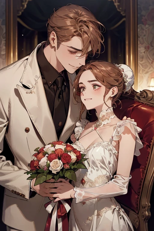 (tabletop, digitl art, digital illustration, 4K, 8K, ultra detali, Beautiful picture, Clear image, photorrealistic, raw-photo, face perfect, Perfect lines, perfects eyes, soft lighting) 1womanl, (Light brown bun hair,Bun hair,innocent looking,droopy eyebrows,droopy eyes,com rosto redondo,round jaws、innocence,cute,eye large,Make-up natural,smile gently,E Cup,23 are romances:1.3),Two handsome men in suits, (ten mens,Men in suit,very muscular,Firm shoulder width,adult man,boy hairstyle,Man in his 30s with a cool expression,28 year old man with bright smile:1.2),Old furniture,Antique Staples,Antique chair,lustres,Crystal glass,luxury,fantastic light,Marble fireplace,(embarrassed from,shy smile,Bouquet of red roses:1.2),Antique sofa,Leather sofa,the Kiss、Kiss、um casal、couple Kissing、Romance、single、doress