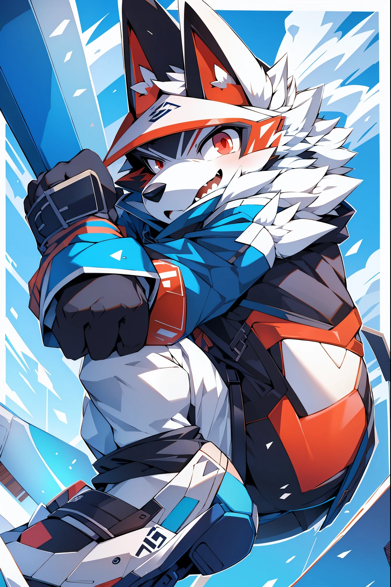 masterpiece,High quality,furry,male,(husky decides the technique by snowboarding),(snowboarder),red eye,blue fur,dynamic,perfect background,One person