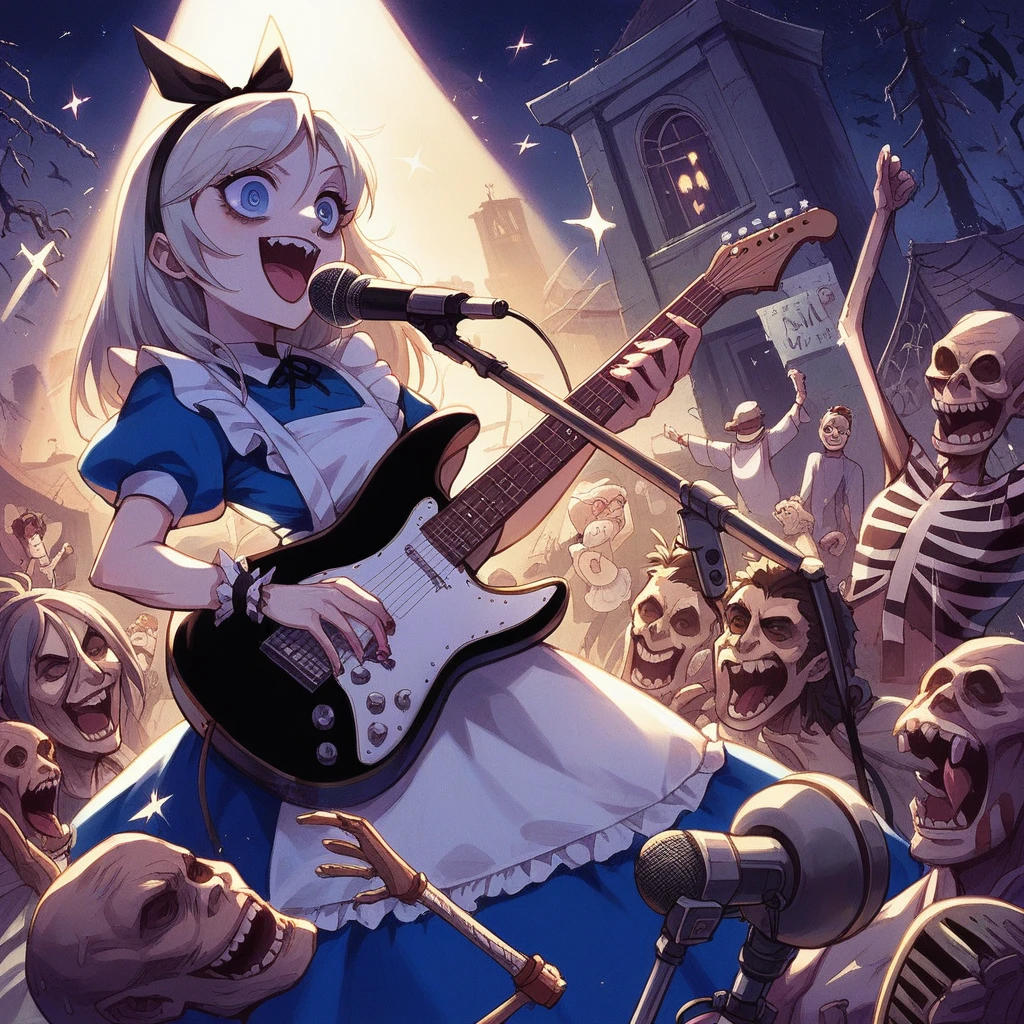 Bold brushstrokes, anime style illustration, midsummer night, crazy fun, cinematic lighting, Alice and the main characters from "Alice in Wonderland" performing a rock concert in a graveyard in the middle of the night, Alice with an electric guitar hanging from her shoulder, singing into a microphone, the dead audience cheering on.