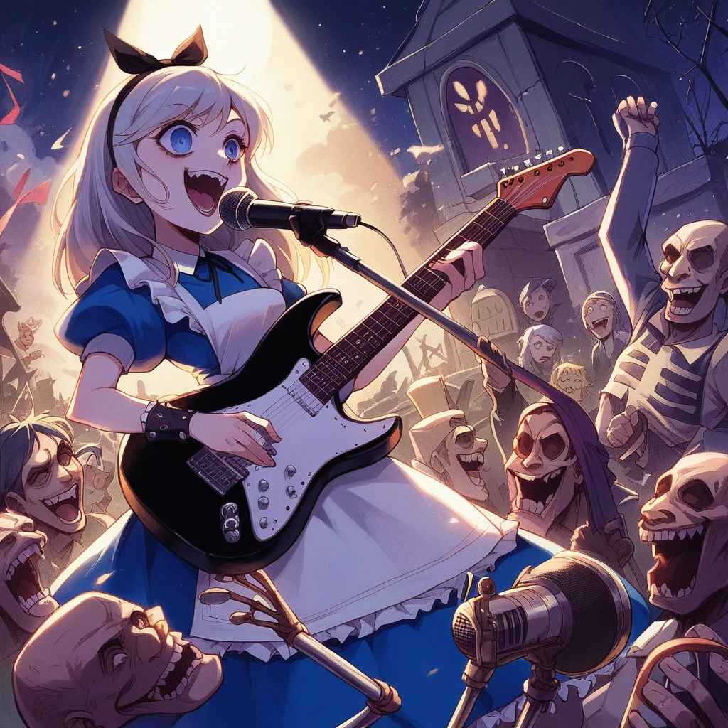 Bold brushstrokes, anime style illustration, midsummer night, crazy fun, cinematic lighting, Alice and the main characters from "Alice in Wonderland" performing a rock concert in a graveyard in the middle of the night, Alice with an electric guitar hanging from her shoulder, singing into a microphone, the dead audience cheering on.