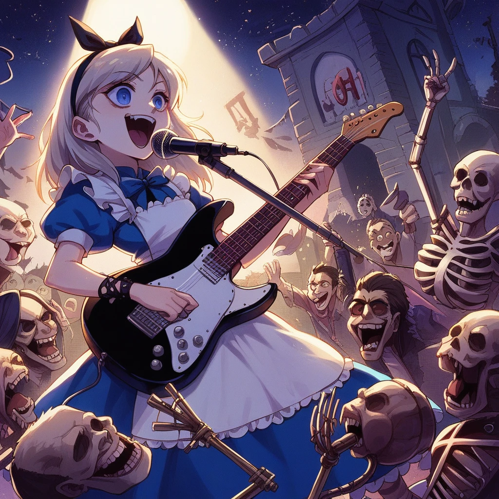 Bold brushstrokes, anime style illustration, midsummer night, crazy fun, cinematic lighting, Alice and the main characters from "Alice in Wonderland" performing a rock concert in a graveyard in the middle of the night, Alice with an electric guitar hanging from her shoulder, singing into a microphone, the dead audience cheering on.
