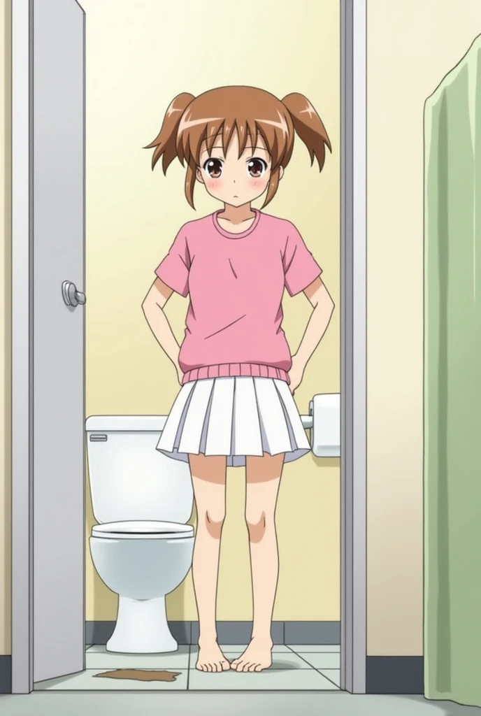 Peeing self, Have to pee, Anime, looking at camera, embarrassed, blush, pee stain, pee stain on skirt, peeing, yellow pee, tears, crying, out of breath, sweating, short skirt, blue eyes, brown hair, pink and white clothes, long hair, white stockings