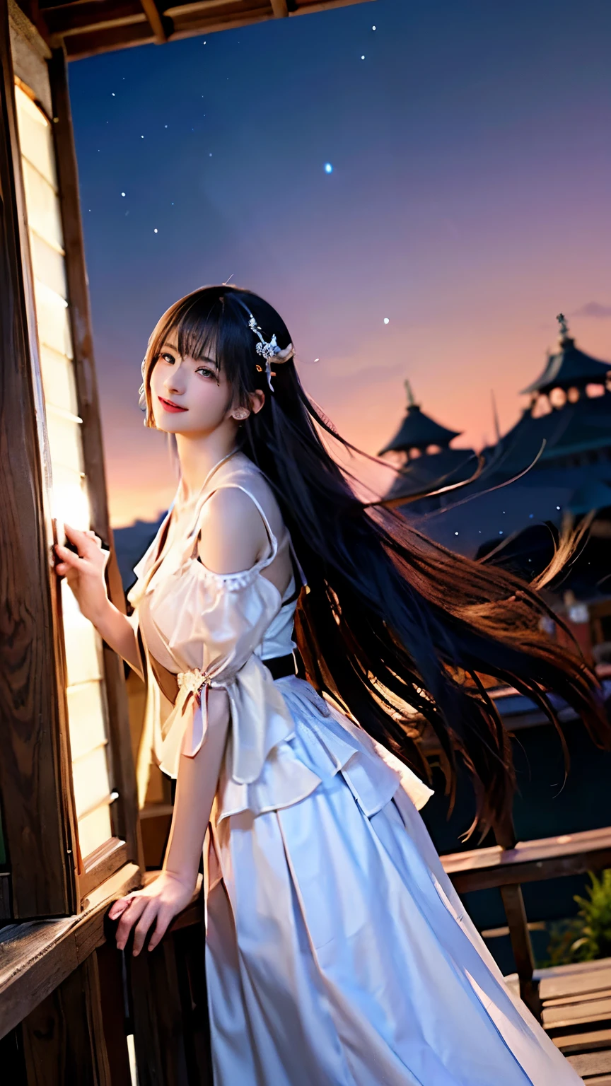 (logo、masterpiece、8k、Tabletop、RAW Photos、wonderful、最high quality、フォトリアルでVery detailedなCG合成8k壁紙、high quality、Very detailed、Narrative poem、Particle Effects、Dynamic Effects、Depth of the Boundary)What is written is、Cinematic Light、Lens flare、Ray Tracing)、Fantasy、(Purple Dress)、(night、night空、Starry Sky、full moon)、(Girl looking up at the sky)、sit、cute、Japanese style、 (smile)、Long Hair、Strong winds、(Hair blowing in the wind)、(White Dress)、Natural light、moonlight、(Horizontal photography)、(chest emphasis)、(Low position)、(Low - Angle)