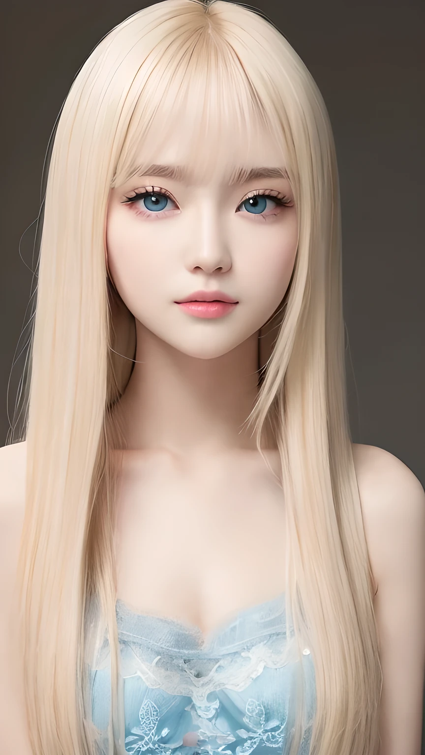 Crystal clear and shiny skin、15 year old cute  beautiful face、Very large, beautiful, bright, pale sky blue eyes、Very big eyes、Super long straight hair that shines in the light、Long, silky bangs that cover her cute eyes、Hair that hides sexy features、too long bangs、Sexy and cute young beauty、Super long natural young blonde hair with sparkling highlights、Blonde hair above the eyes、片Blonde hair above the eyes、Blonde hair between the eyes、Cheek gloss highlighter