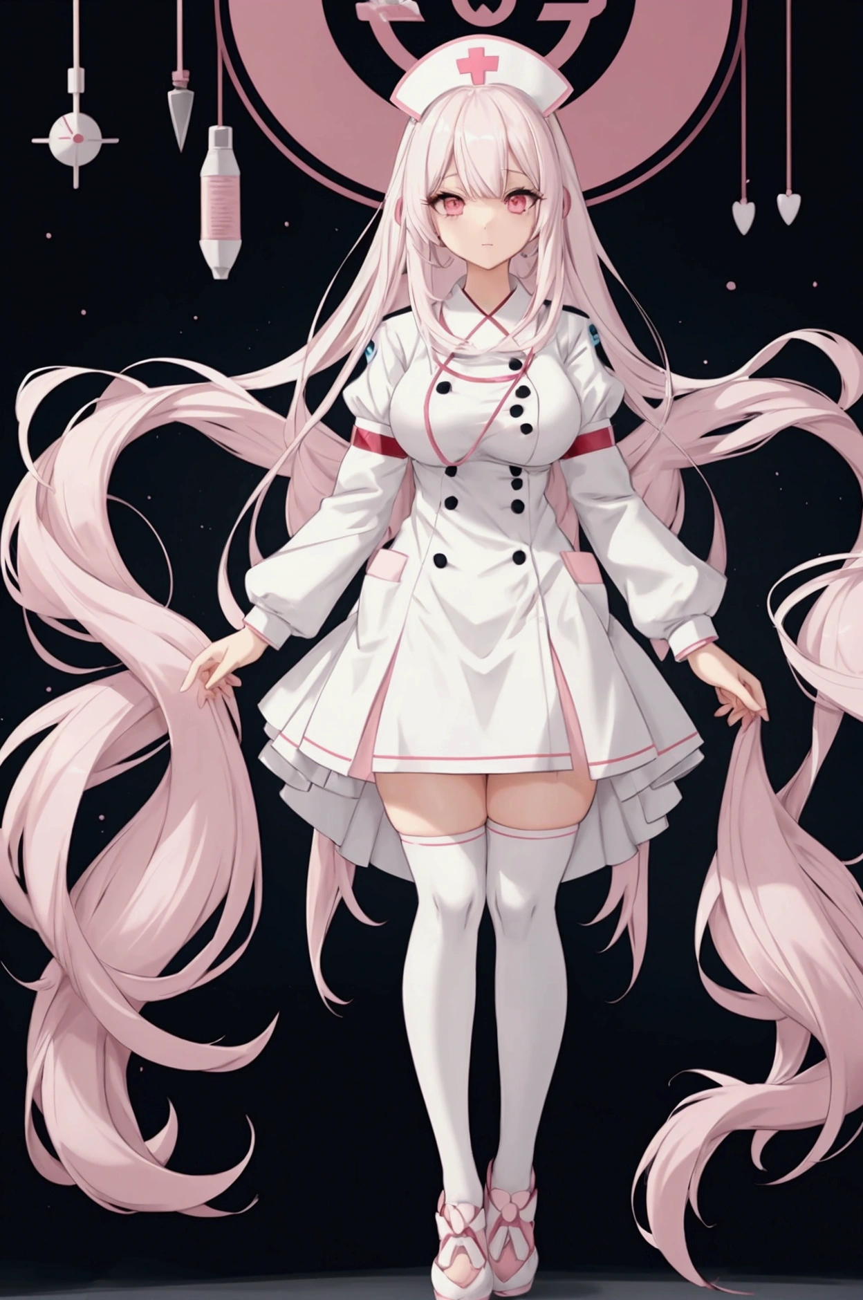 Anime girl long white hair with bangs, in a dress nurse uniform, nurse cap, full body adoptable, character adoptable, fullbody commission for, anime full body illustration, pretty anime character design, anime character design, white and pink color scheme, full body character design, anime character reference sheet, deviant adoptable, anime set style, full body illustration, high quality character design