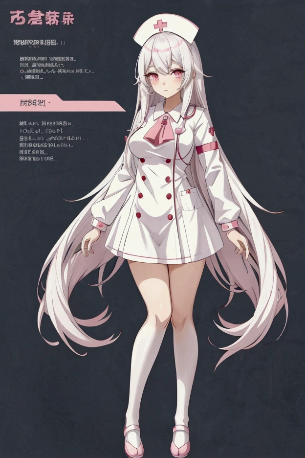 Anime girl long white hair with bangs, in a dress nurse uniform, nurse cap, full body adoptable, character adoptable, fullbody commission for, anime full body illustration, pretty anime character design, anime character design, white and pink color scheme, full body character design, anime character reference sheet, deviant adoptable, anime set style, full body illustration, high quality character design