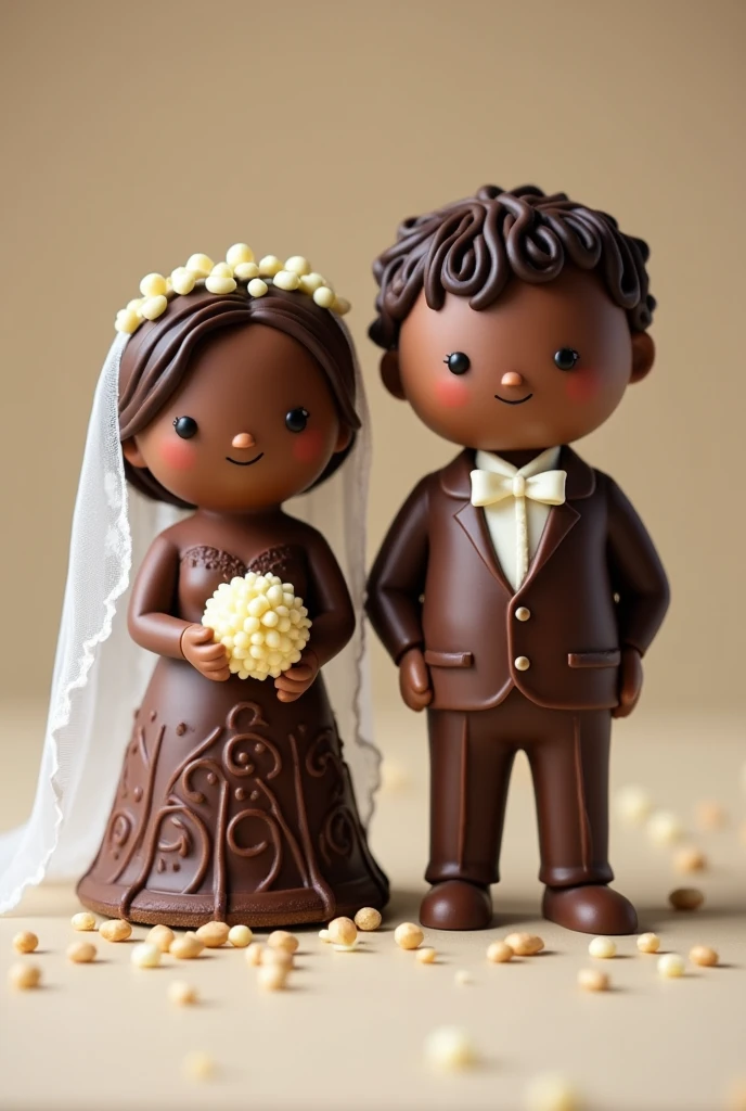 two chocolate brigadeiros dressed as bride and groom
