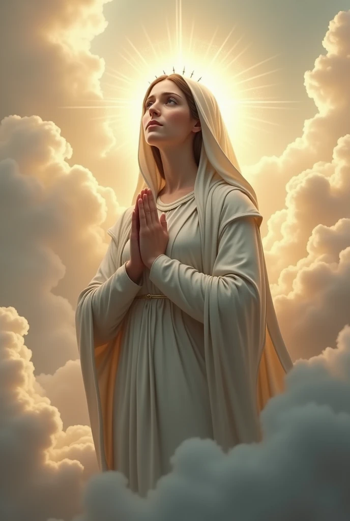 (photorealism:1.2), beautiful virgin Mary with tears in her eyes while praying in the clouds, wearing silver queen clothes with  light in his head and heart spreading all over in the clouds, perfect virgin Mary, real virgin Mary, perfect five hands, perfect tears face, elegant, soft lighting, many clouds, stand straight, realistic, intricate details, warm colors,