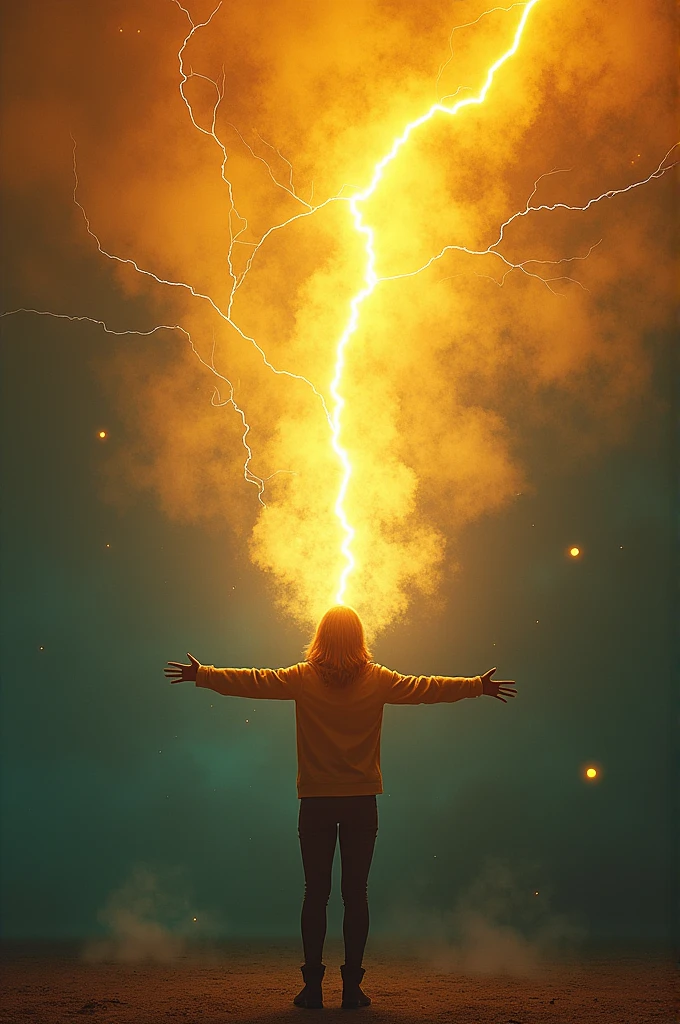 I need the image representation of the expression "Instant Karma", using as a basis the concept of a person receiving punishment from the universe as retribution for the bad action they performed.
Can you give me more options?, I was looking for something more humorous. It's excellent.... But it could improve a little, putting a lightning bolt in place of the yellow explosion in the photo Please, lightning strikes the person's head, and how much she is with open arms, like in the first image...
And color of rays, not that solar yellow...
