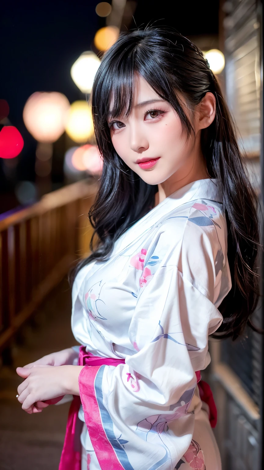 (logo、masterpiece、8K、Tabletop、RAW Photos、wonderful、最high quality、フォトリアリスティックでVery detailedな CG 複合 8K 壁紙、high quality、Very detailed、Narrative poem、Particle Effects、Dynamic Effects、Depth of the Boundary、Cinematic Light、Lens flare、Ray Tracing）、 (One beautiful woman wearing a yukata、White yukata、Light purple pattern)、Black-haired、High definition skin、Very fine、Fine skin texture、Beautiful Face、True Face、Beautiful details in the eyes、Realistic eyes、Beautifully detailed eyes、Realistic Skin、Beautiful Skin、Surreal、Smiling Eyes、Hair and light eyes、vivid、Colorful lights and bokeh、plump lower lip、Pink Lips、Hair flutters in Wind、Hair bounces、wonderful景色、night、evening、Wind、moonlight、moonlight、light