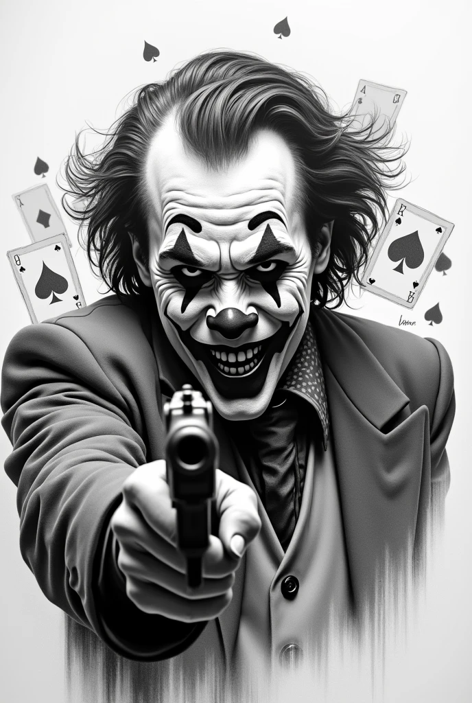 Realistic black and gray drawing of a clown, with gun, joker, with playing cards in the background, black and gray realism, chicano style, hyper realistic, full image, white background, no pencil, jpeg artifacts, 4k, anatomically correct, accurate, textured skin, super detail, high detail, award winning, best quality, high quality, 1080P, retina, HD, 16k