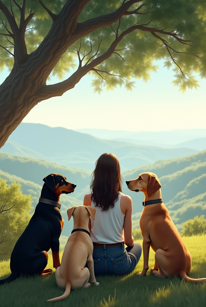 A woman and two female Rottweiler dogs and a female Labrador dog sitting with their backs to each other under a tree in the distance watching a landscape 