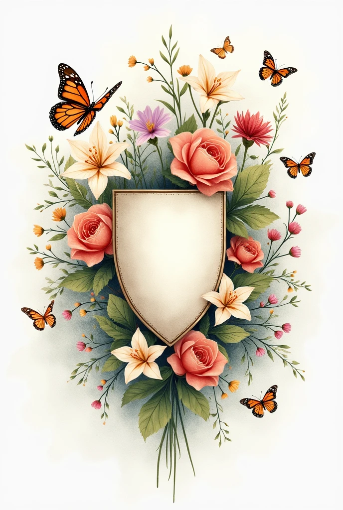 Coat of arms with flowers and butterflies in watercolor style