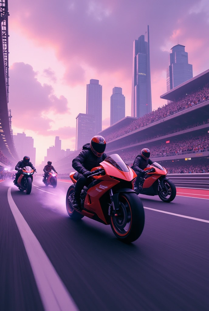 Group of futuristic motorcycles competing with machine guns, in a city with purple skies on a track in the sky with stands full of people