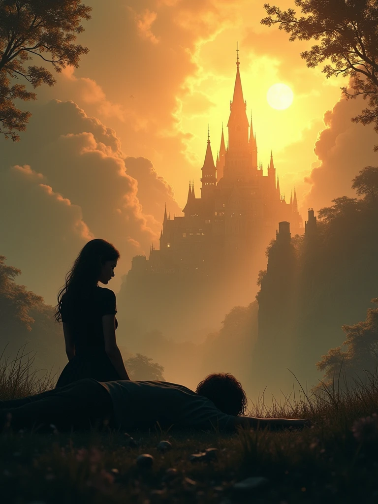 {{cowgirl shot, dutch angle, female focus}} {{Artist: Sincos}}
In the foreground, two figures are visible—Lyra and Jack—each with their backs turned to us. Lyra is kneeling on the ground, her head slightly bowed, while Jack lies on his back with his head resting gently on Lyra's knees. Both are silhouetted against the backdrop, their forms outlined in pitch black. They face the fantasy rural village in the distance, which dominates the scene with its grand, sprawling presence. The village, bathed in light, appears enormous compared to the small, intimate figures of Lyra and Jack. The contrast between the vastness of the village and the smallness of the two figures emphasizes their role as mere observers of the sprawling, fantastical world before them.
VILLAGE IN FRONT OF THEM BIG MAGICAL VILLAGE