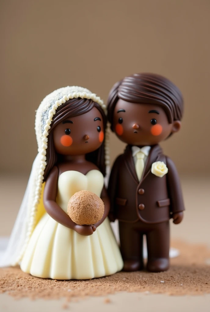 two chocolate brigadeiros dressed as bride and groom