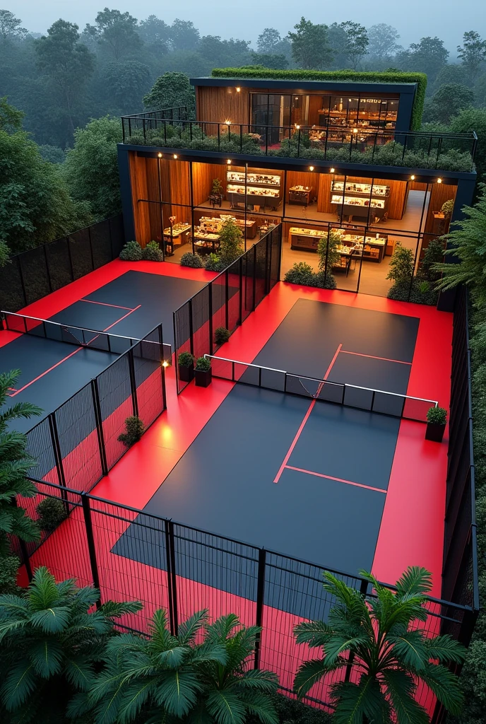 Two black-floor paddle courts and red walkways, one after the other, divided by glass walls and black metal mesh, on the right side of the courts, in a separate module from the ones on the feet, like 4 meters away, There is a food court with 8 stalls on the sides of the corridor, 4 on one side and 4 on the other and in the middle, stuck together side by side, Low level, They are separated by a corridor that runs from the entrance to the field and ends at the courts., The premises are made of wood with warm LED lights on the walls and ceiling., with jungle-style landscaping outside the premises, common areas, walls and ceilings of premises, and that the roof of the premises are joined together to make a common terrace that can be used to place a DJ and hold parties there, The premises' land is 20 meters by 15,5 meters, and each room is 4 meters by 4 meters.