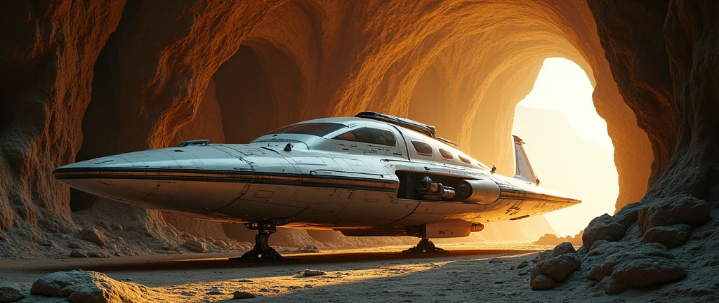 futuristic spaceship parked in cave , Interstellar. 8k, alien, gold on the wall