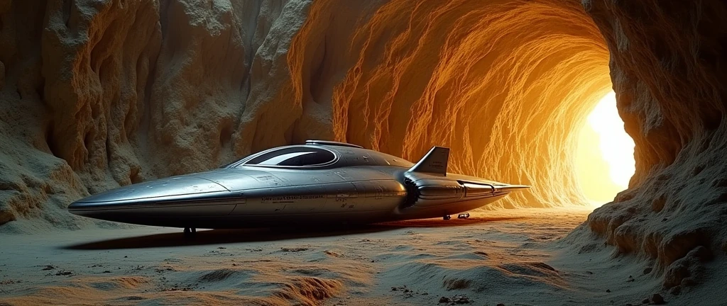 futuristic spaceship parked in cave , Interstellar. 8k, alien, gold on the wall
